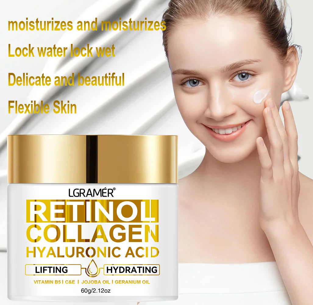 Crema facial con colágeno y retinol LGRAMER: hidratante antiarrugas con ácido hialurónico para hombres y mujeres