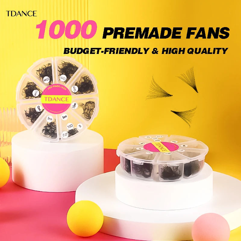 TDANCE 1000 Premade Loose Volume Lash Fans | Mixed Length 8–15mm | Pointy Base Medium Stem