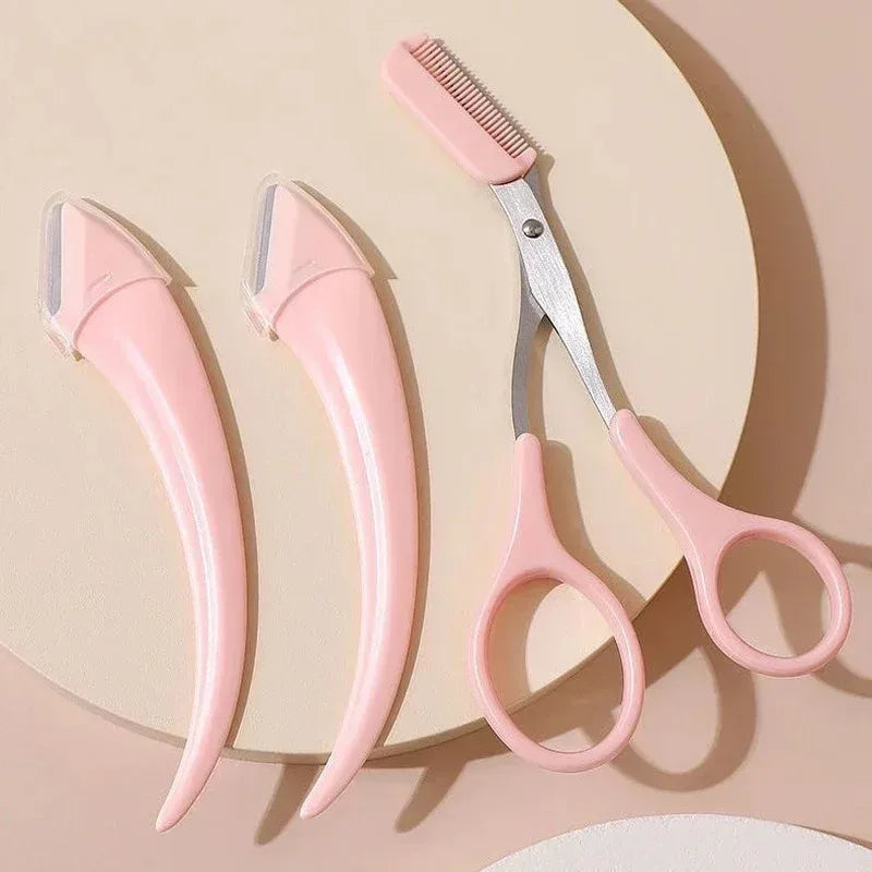 Navaja recortadora de cejas y afeitadora facial LuxuryGlow: herramienta de cuidado personal para mujeres con tijeras y peine (plástico, 12,8 cm)