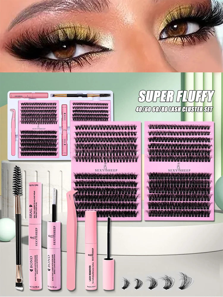 SEXYSHEEP DIY Eyelash Extension Kit with Glue, Remover, Lash Brush & Tweezers – Natural Cluster Lashes for Salon-Style Look at Home