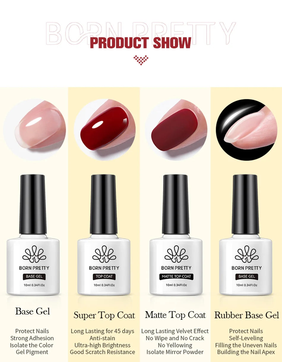 BORN PRETTY 10ml Nail Gel – Base, Top & Rubber Reinforcement Gel for UV/LED