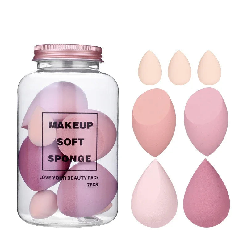Juego de 7 esponjas de maquillaje con degradado LuxuryGlow con caja de cartón para guardar huevos: suaves y reutilizables.
