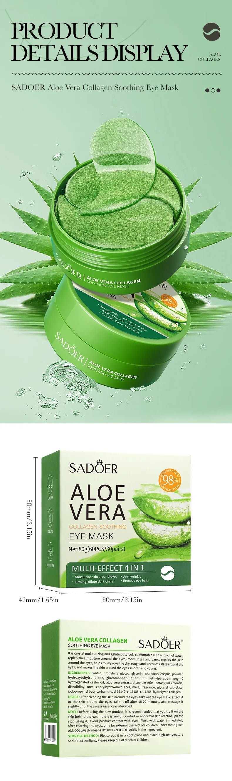 SADOER Collagen & Aloe Vera Eye Mask – 60 Pcs for Dark Circles, Puffy Eyes & Skin Firming