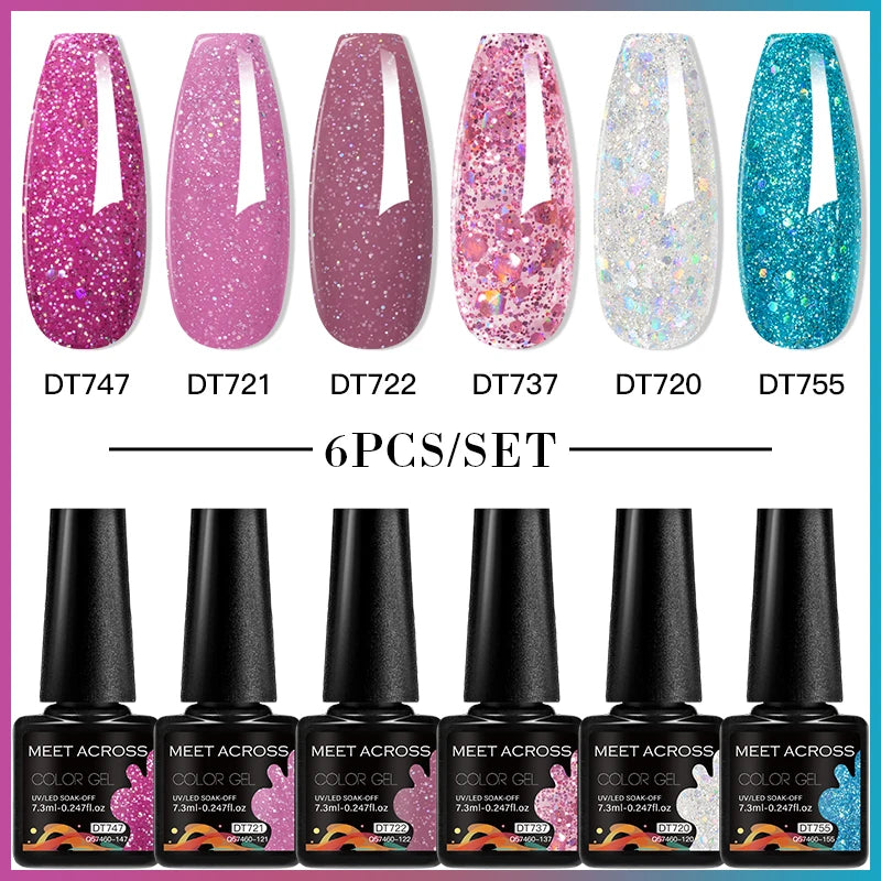 MEET ACROSS 6PC UV LED Gel Nail Polish Set – Soak Off Semi-Permanent Manicure Kit (7ml Each) C50