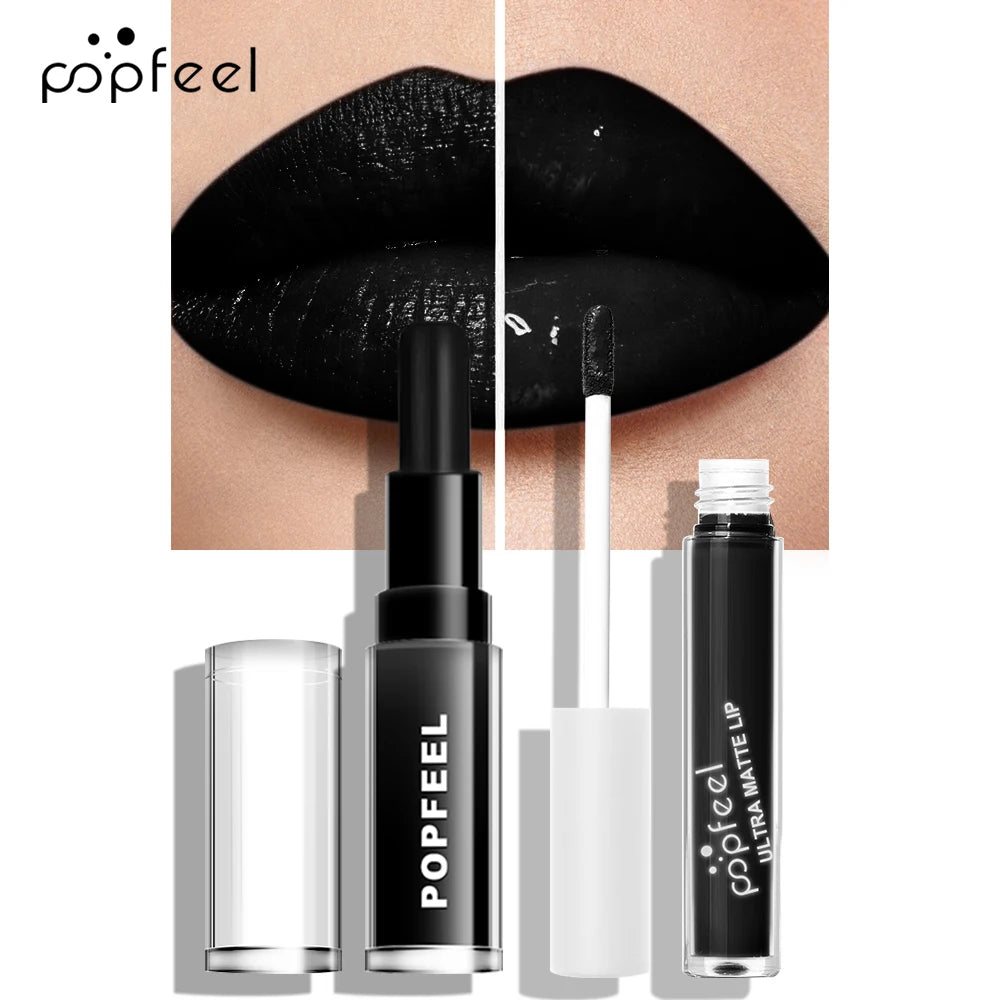 POPFEEL Halloween Black Lip Kit – Matte Lipstick & Gloss Long-Lasting