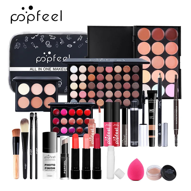 مجموعة هدايا مكياج POPFEEL من LuxuryGlow - مجموعة كاملة للوجه مع ظلال العيون، ملمع الشفاه، كريم الأساس، والفرش