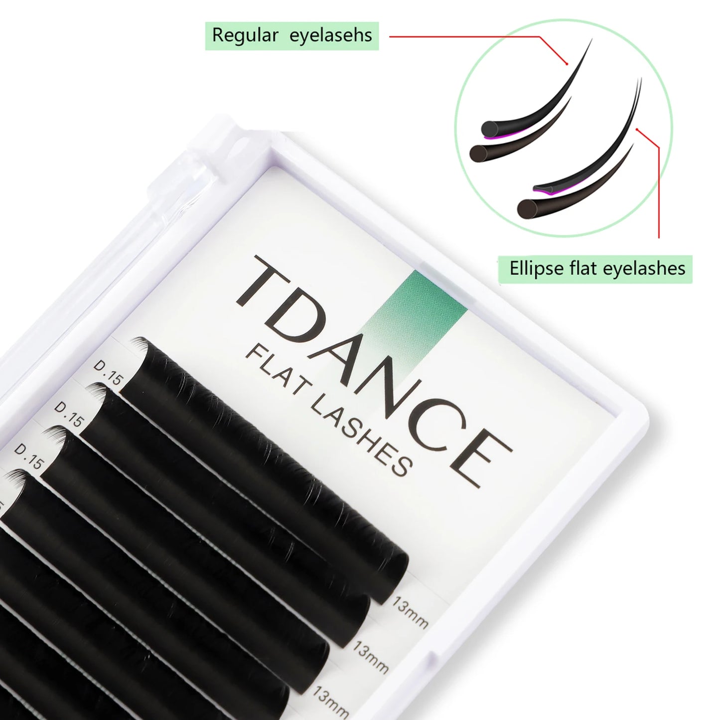 TDANCE Ellipse Flat Eyelash Extensions | 12-Line Tray | 8–15mm Matte Split Tips for Professionals