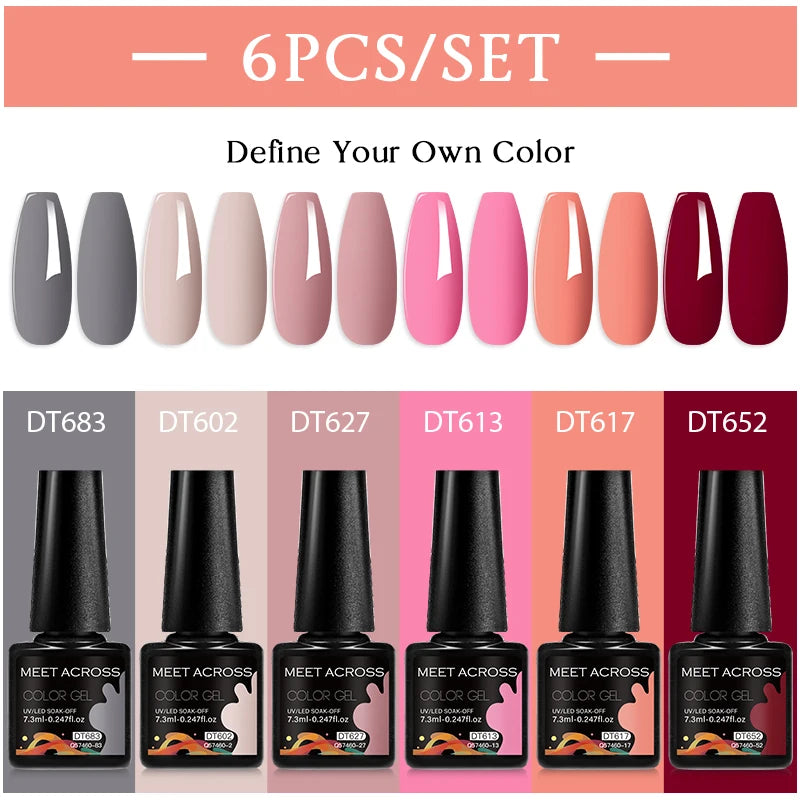 MEET ACROSS 6PC UV LED Gel Nail Polish Set – Soak Off Semi-Permanent Manicure Kit (7ml Each) C75