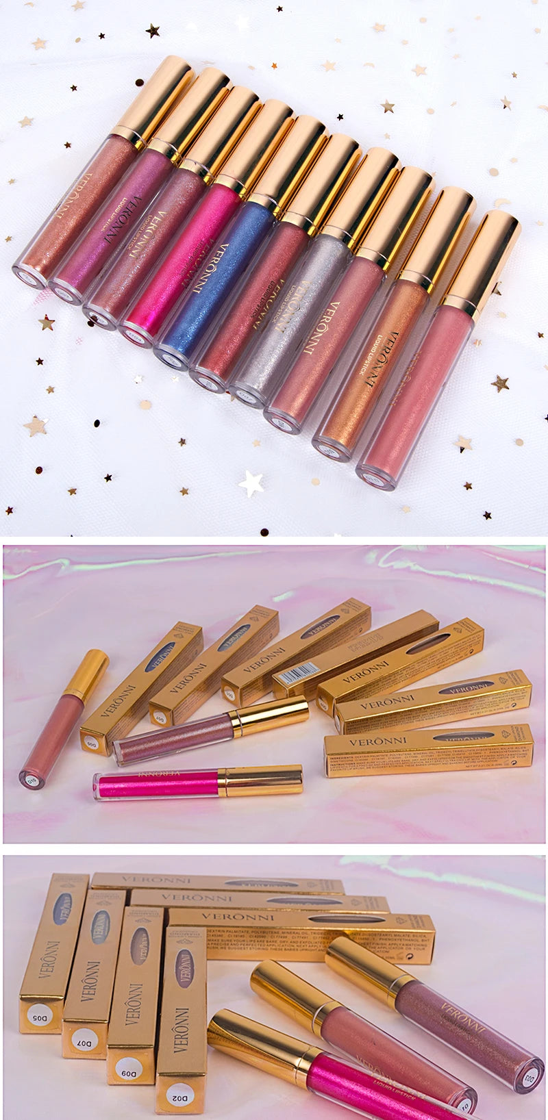Set de labiales líquidos con purpurina LuxuryGlow de 15 colores: brillo labial duradero, resistente al agua y brillante.