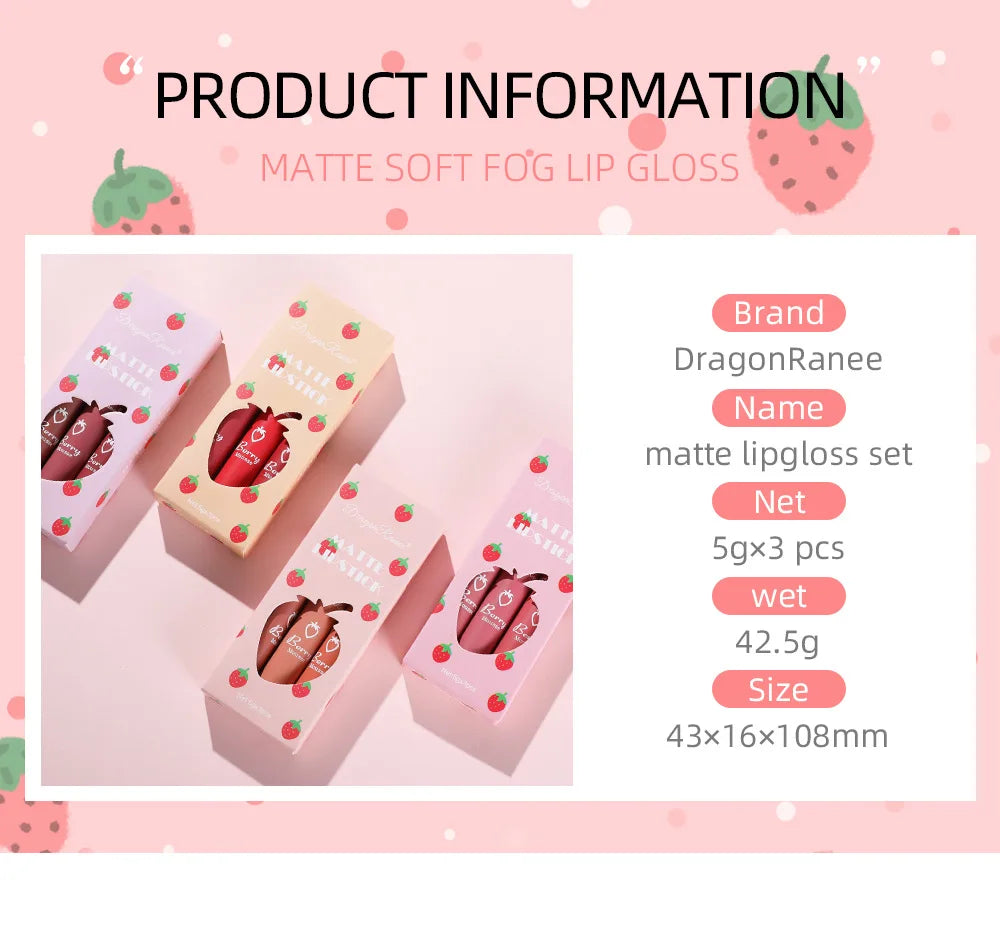 Dragon Ranee - Set de 3 brillos labiales mate de fresa aterciopelados: resistentes al agua y de larga duración