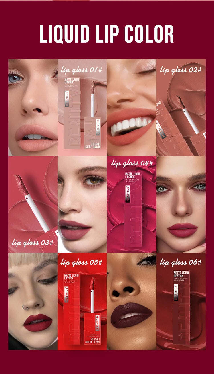 Brillo de labios satinado aterciopelado MLSMILE: 6 colores antiadherentes, acabado mate resistente al agua