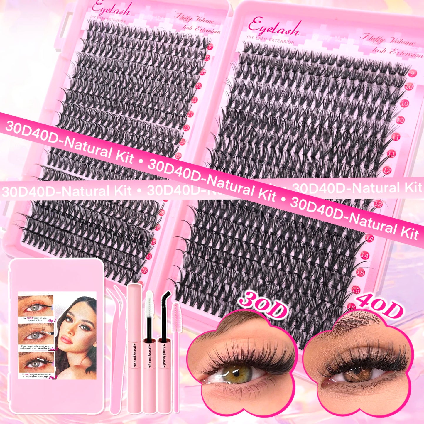 مجموعة تمديد الرموش من LuxuryGlow DIY - 720 رموشًا فردية مجمعة مع رابطة وختم