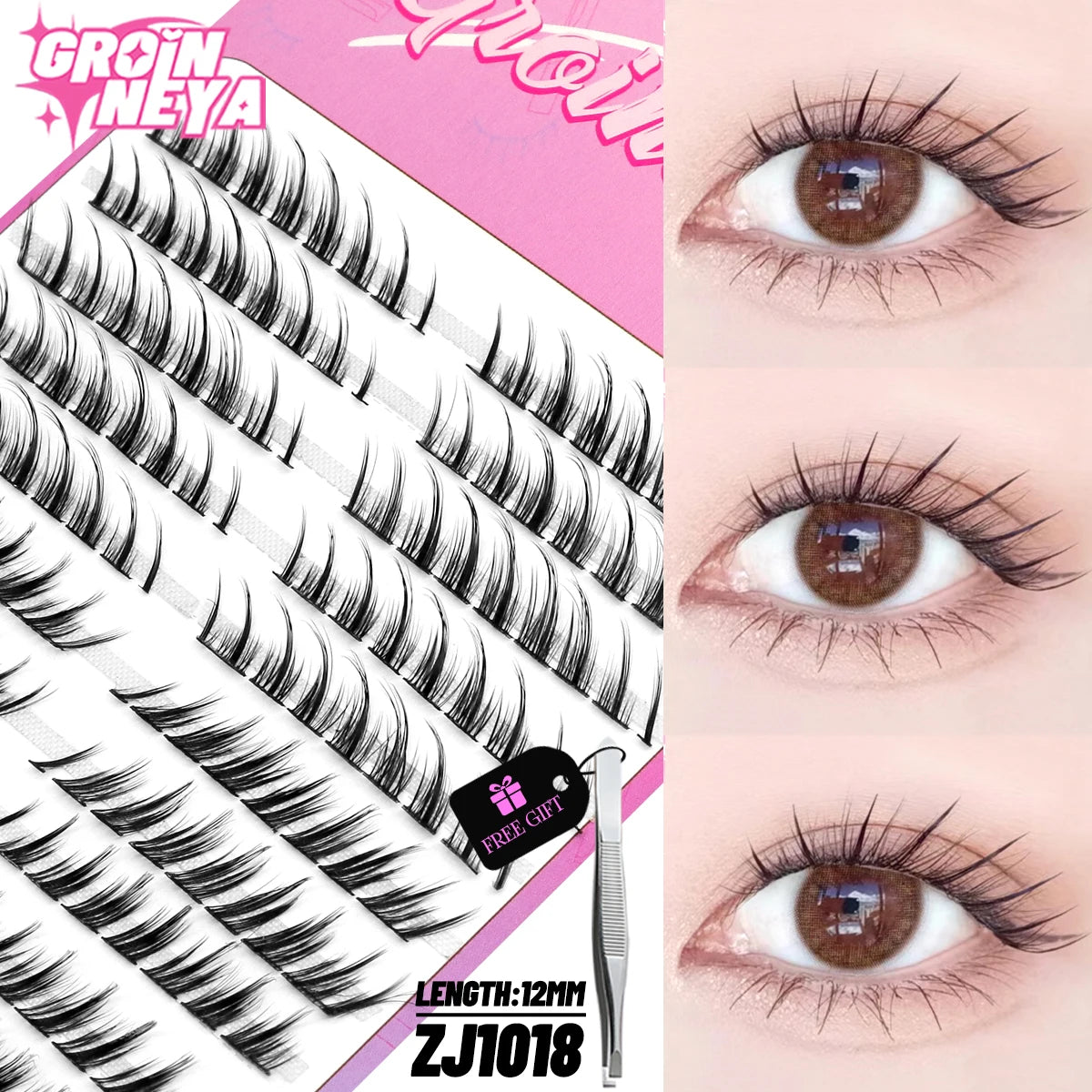GROINNEYA Cluster Lashes – Natural Volume DIY Eyelash Extensions Mixed Tray