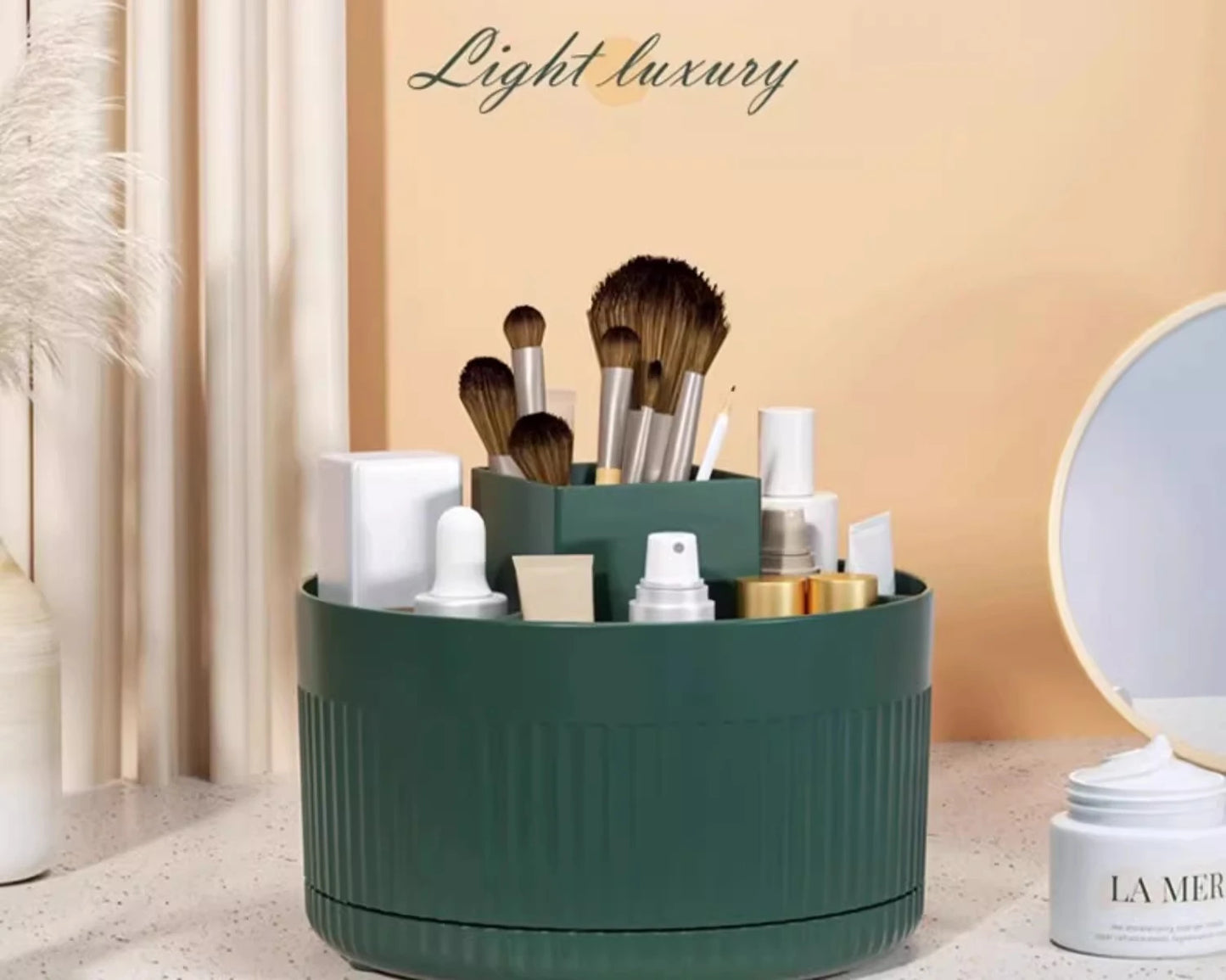 LuxuryGlow 360° Rotating Makeup Organizer Box — Desktop Cosmetic & Jewelry Holder