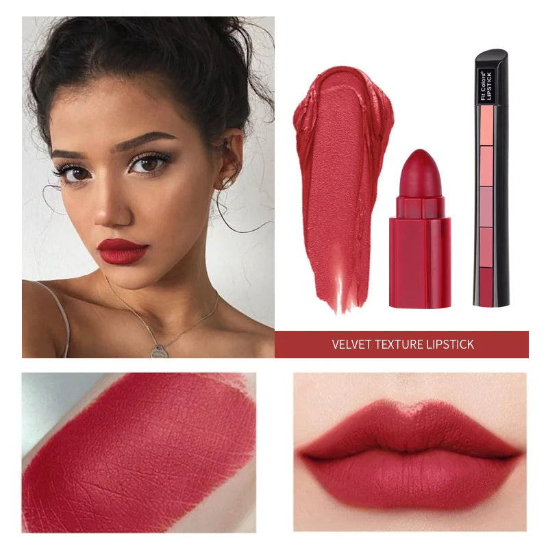 LuxuryGlow Fit Colors 5-in-1 Matte Lipstick Set – Velvet Finish, Non-Stick, Long-Lasting