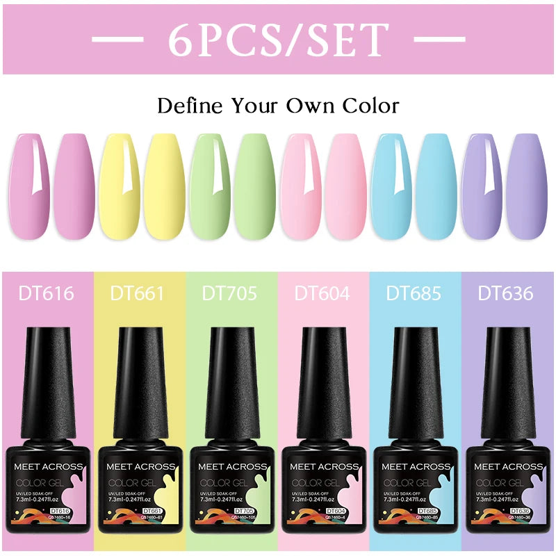 MEET ACROSS 6PC UV LED Gel Nail Polish Set – Soak Off Semi-Permanent Manicure Kit (7ml Each) C50