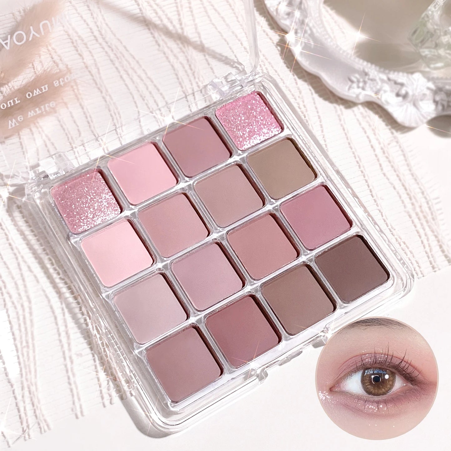 لوحة ظلال العيون الكورية LuxuryGlow، 16 لونًا - مطفي ولامع - تدوم طويلًا، مقاومة للماء، ألوان طبيعية، وردي وبني