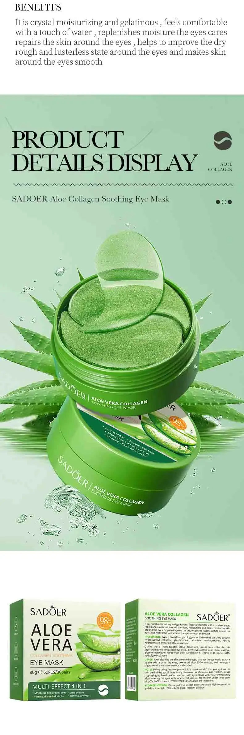SADOER Aloe Vera Collagen Eye Masks | 60pcs Anti-Dark Circle & Puffiness Patches