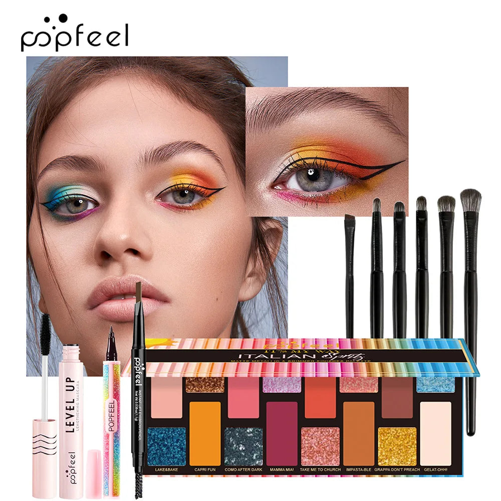 مجموعة هدايا مكياج POPFEEL من LuxuryGlow - مجموعة كاملة للوجه مع ظلال العيون، ملمع الشفاه، كريم الأساس، والفرش
