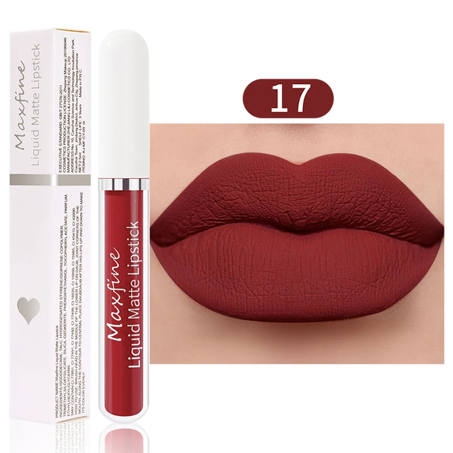 Lápiz labial líquido mate MAXFINE: alta pigmentación, resistente al agua y antiadherente.