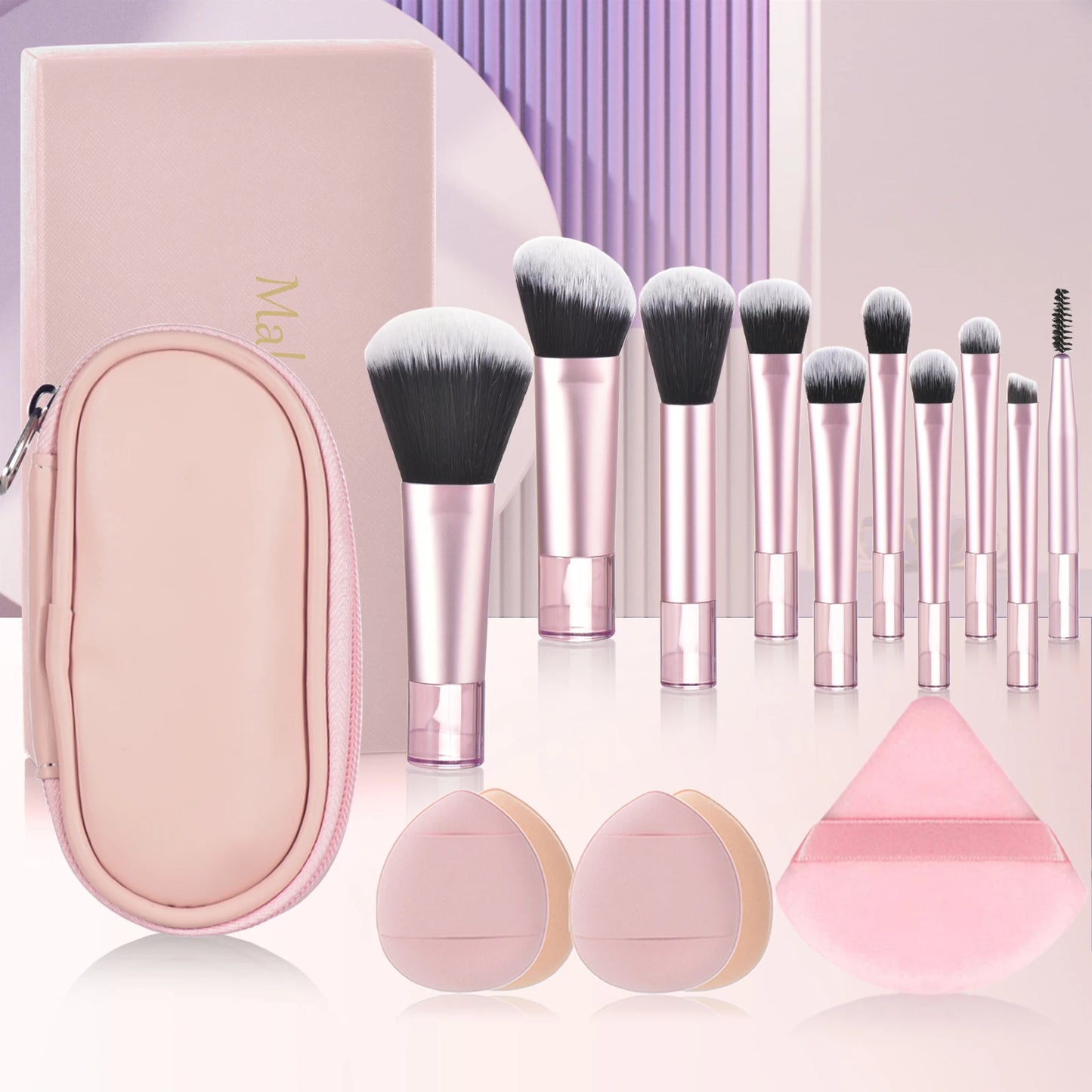 مجموعة فرش مكياج صغيرة من LuxuryGlow، 10 ألوان، مجموعة سفر محمولة مع إسفنجة وأدوات