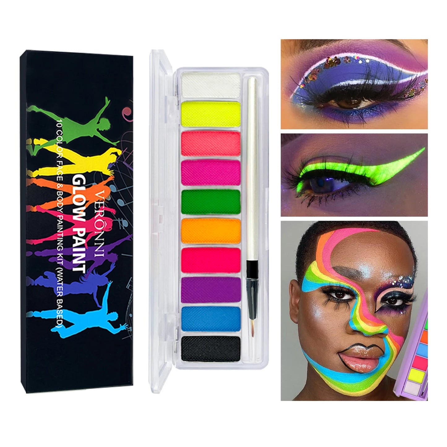 VERONNI UV Glow Neon Face & Body Paint – 10 Fluorescent Colors for Party Makeup