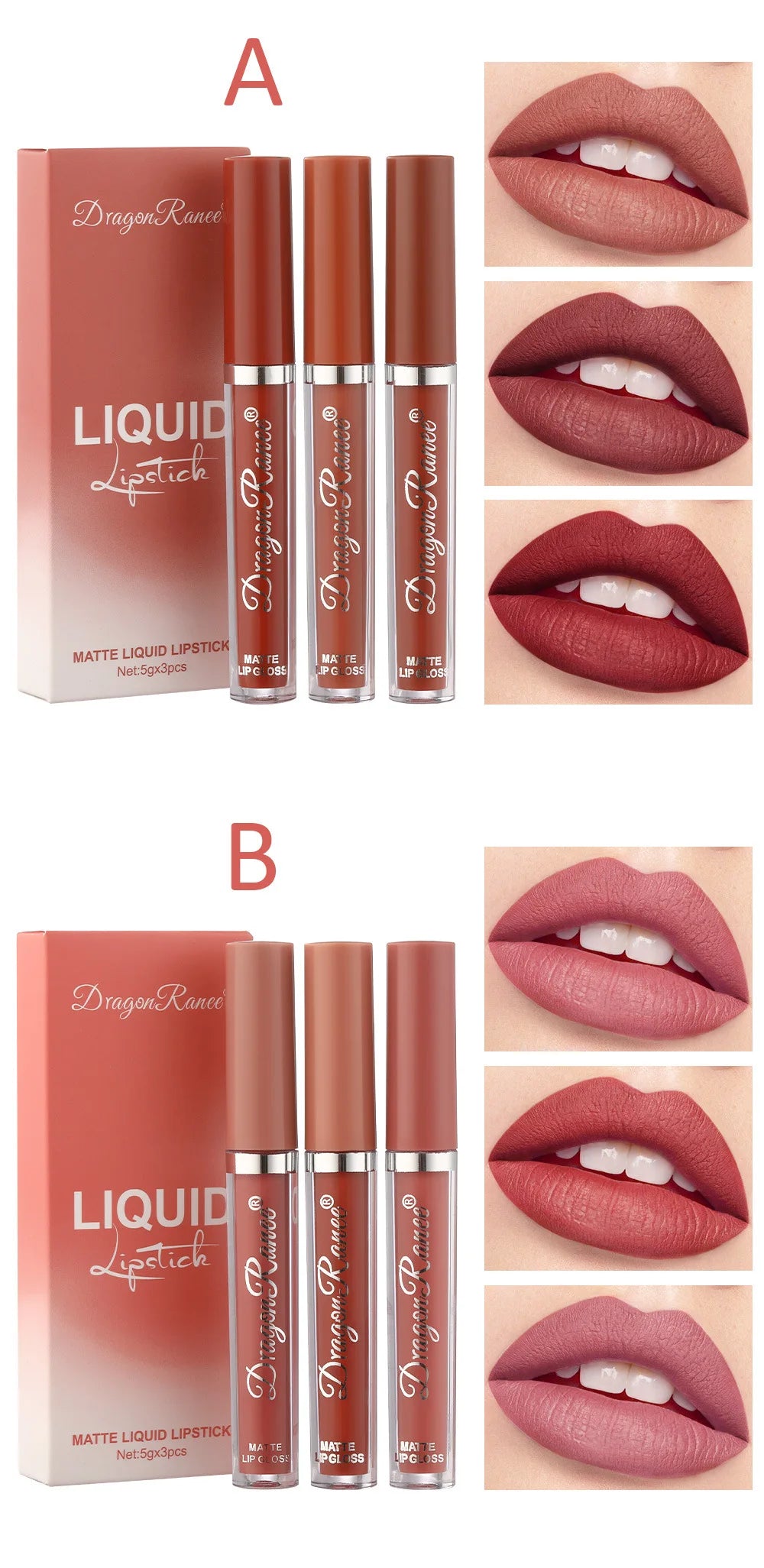 LuxuryGlow - Set de 3 labiales líquidos mate de larga duración - Maquillaje coreano resistente al agua