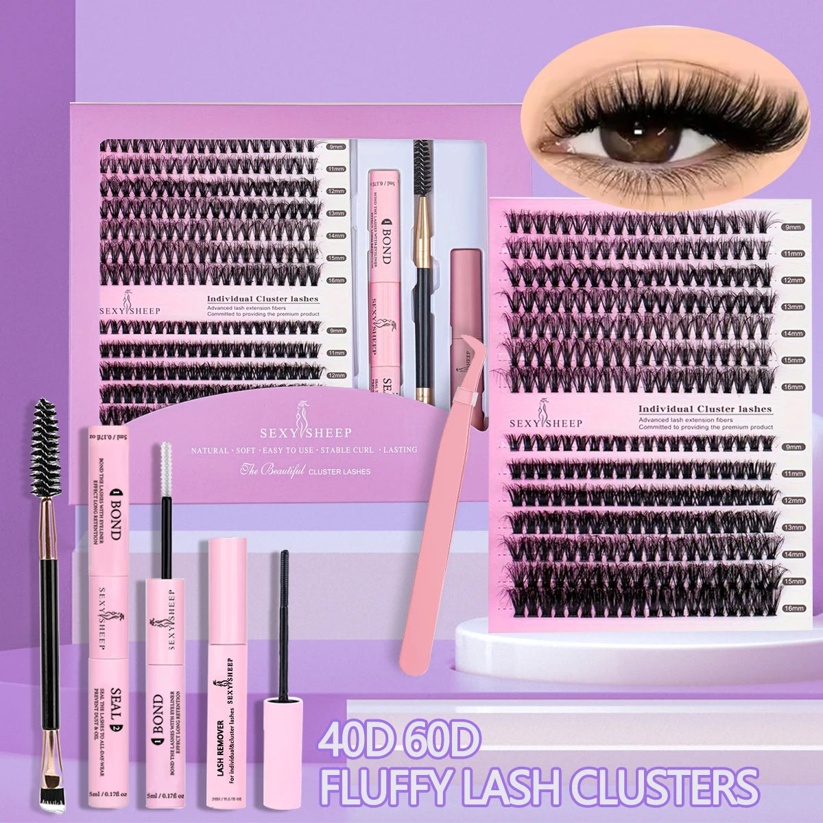 SEXYSHEEP DIY Eyelash Extension Kit with Glue, Remover, Lash Brush & Tweezers – Natural Cluster Lashes for Salon-Style Look at Home