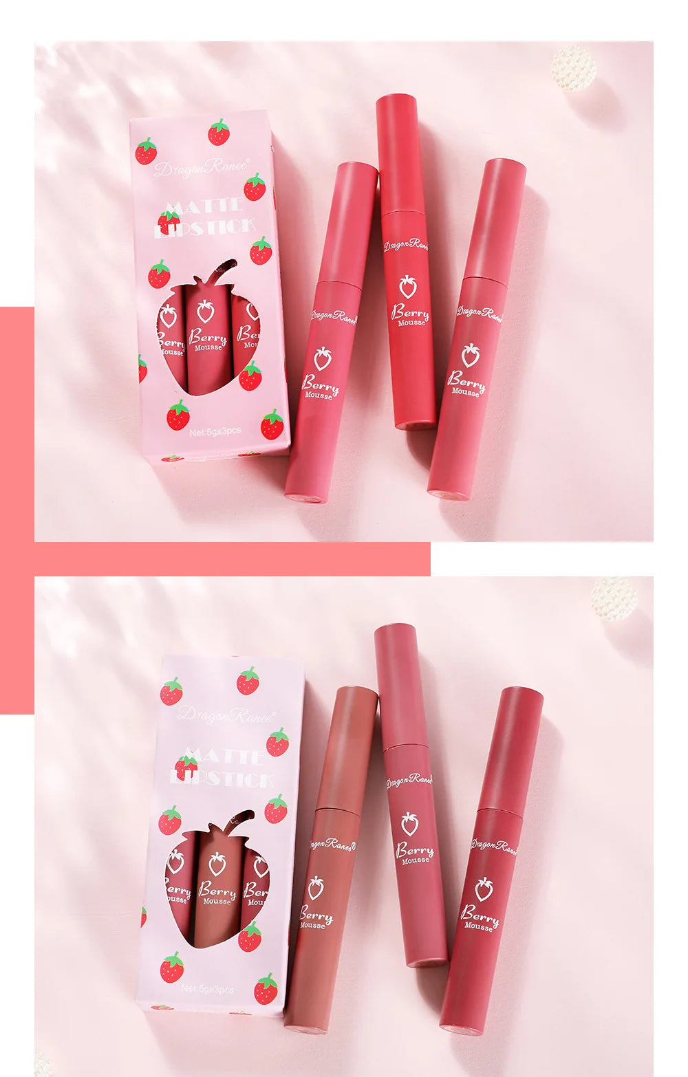 Dragon Ranee - Set de 3 brillos labiales mate de fresa aterciopelados: resistentes al agua y de larga duración