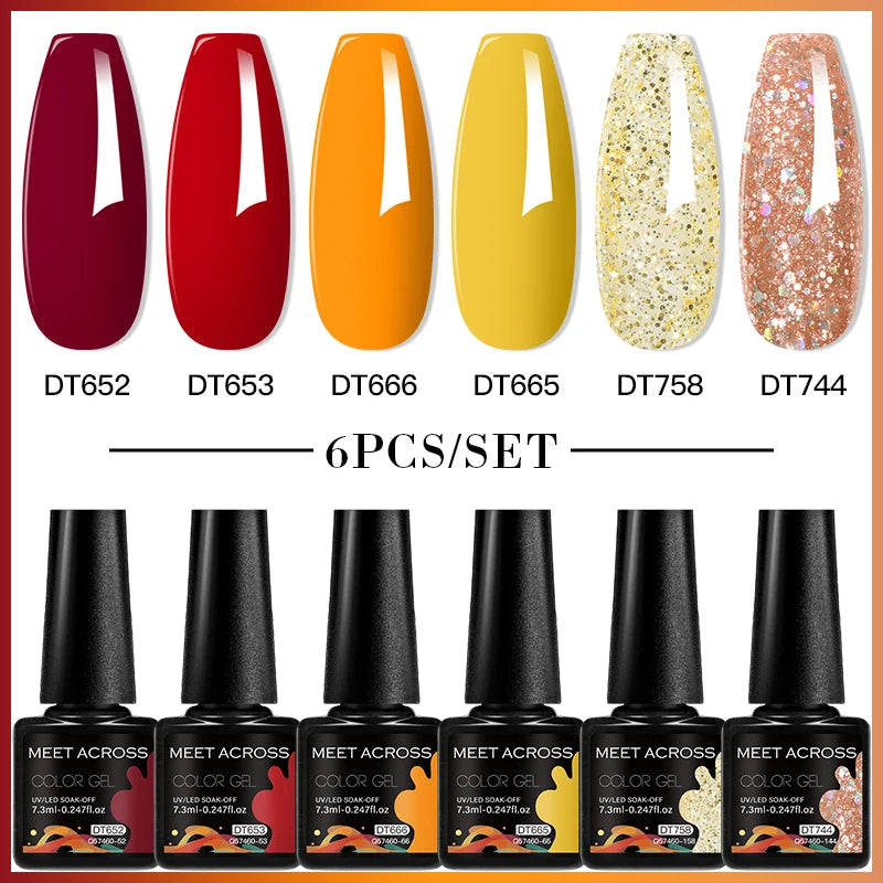 MEET ACROSS 6PC UV LED Gel Nail Polish Set – Soak Off Semi-Permanent Manicure Kit (7ml Each) C50