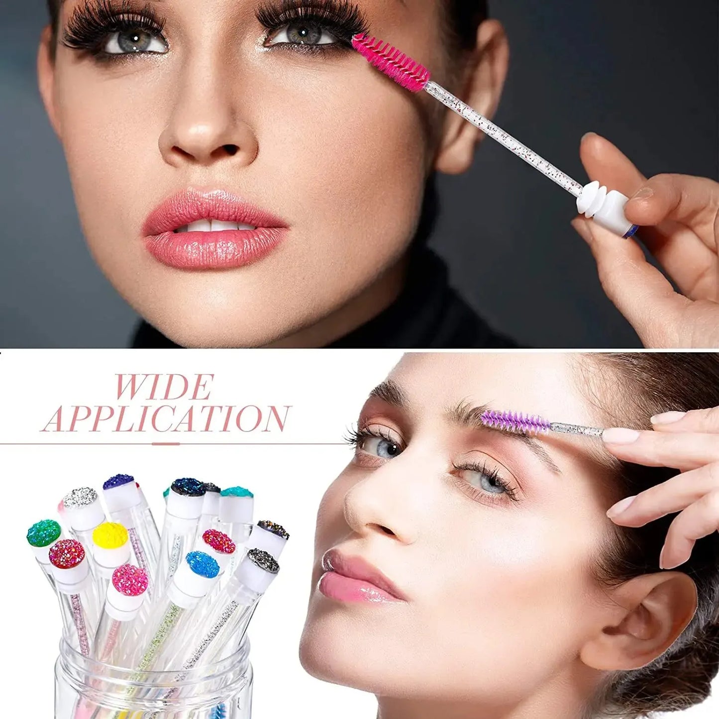 FOEONCO 50Pcs Reusable Diamond Eyebrow & Eyelash Brushes with Replaceable Heads