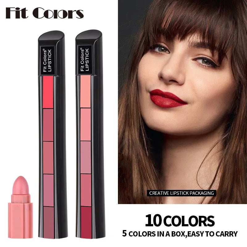 LuxuryGlow Fit Colors 5-in-1 Matte Lipstick Set – Velvet Finish, Non-Stick, Long-Lasting