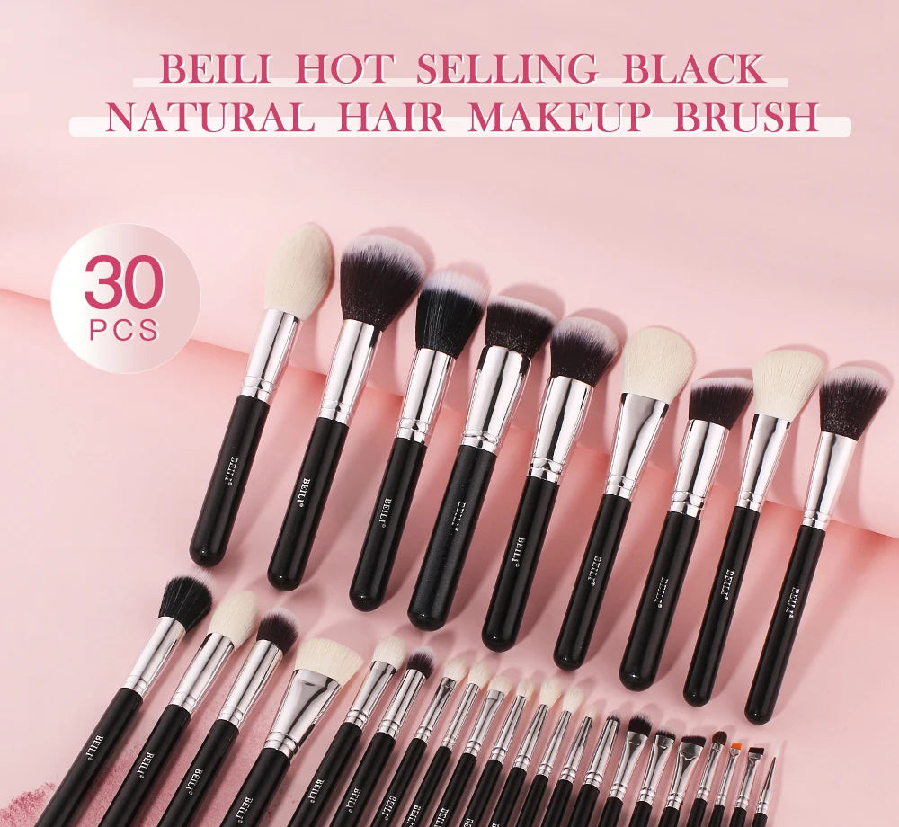 BEILI 30pcs Black Makeup Brush Set – Goat Hair & Synthetic Professional Kit C60