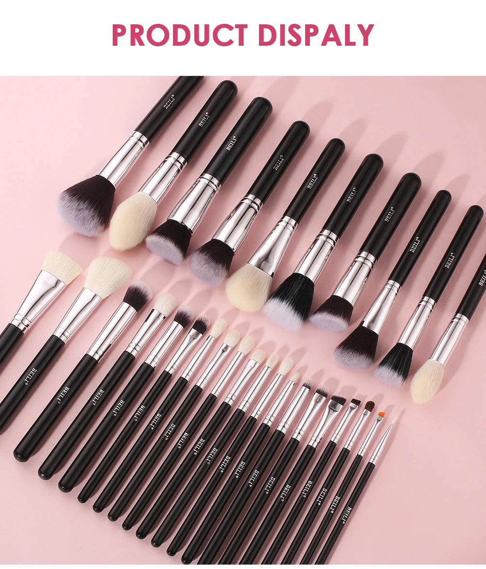 BEILI 30pcs Black Makeup Brush Set – Goat Hair & Synthetic Professional Kit C150