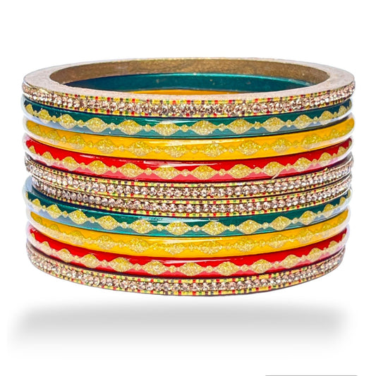 LuxuryGlow Lac Bangle Luxe Set – Handcrafted Red, Green & Yellow Gold-Plated Bangles with AD Stones