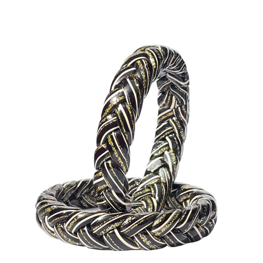 LuxuryGlow Lac Bangles Handcrafted Black Lac Bangles with Golden & White Leheriya Wave Design – Ponytail Style (2pc)