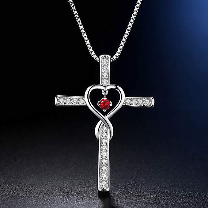 Collar LuxuryGlow "Amor infinito, Dios confiamos" - Colgante de cristal con cruz cristiana y piedra natal para mujer