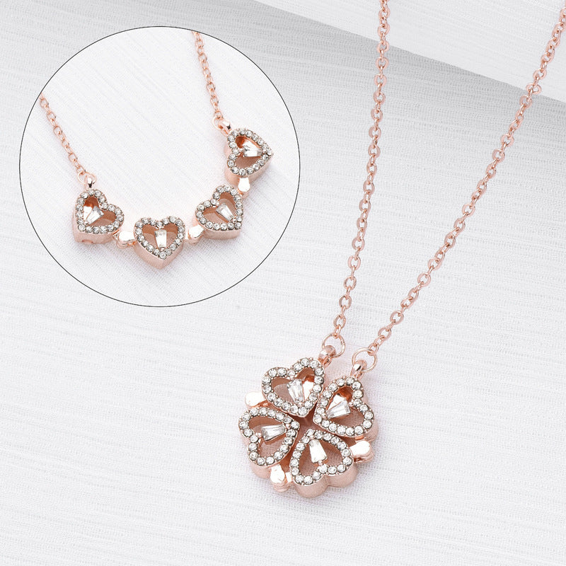 Retro Magnetic Folding Heart Shaped Four Leaf Clover Pendant Necklace Women Love Clavicle Chain Gifts Openable Choker Jewelry - LUXURY GLOW