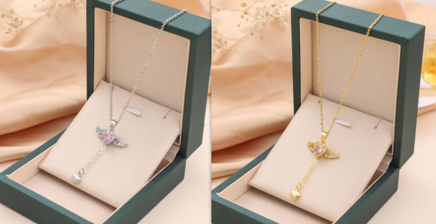 Collar con borlas y alas de ángel de Cupido en movimiento de lujo con cadena de clavícula de cristal, regalo de San Valentín para mujer.