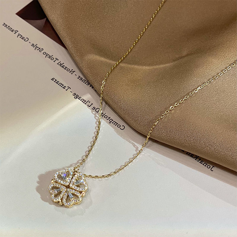 Retro Magnetic Folding Heart Shaped Four Leaf Clover Pendant Necklace Women Love Clavicle Chain Gifts Openable Choker Jewelry - LUXURY GLOW