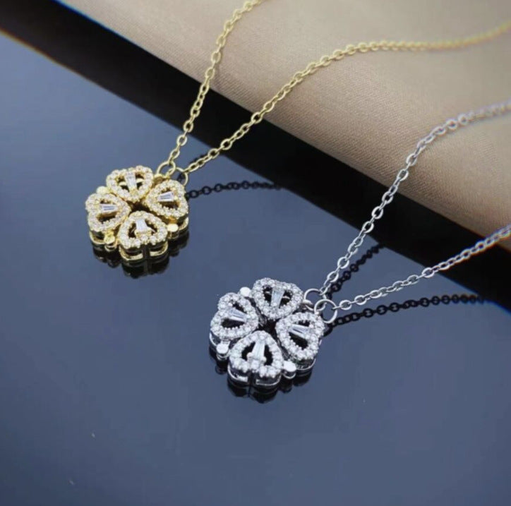 Retro Magnetic Folding Heart Shaped Four Leaf Clover Pendant Necklace Women Love Clavicle Chain Gifts Openable Choker Jewelry - LUXURY GLOW