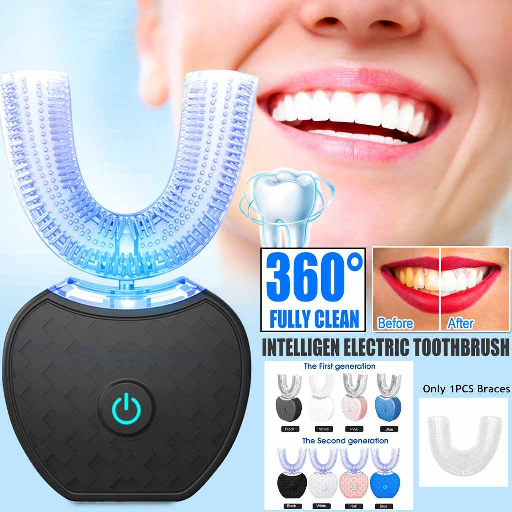 Cepillo de dientes eléctrico automático LuxuryGlow 360°: en forma de U, luz azul, resistente al agua y recargable por USB.