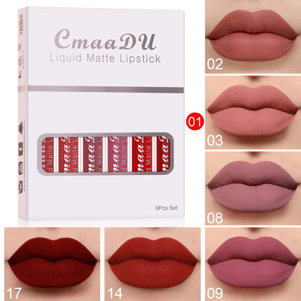 Set de 6 brillos labiales mate resistentes al agua CmaaDu: acabado duradero y antiadherente