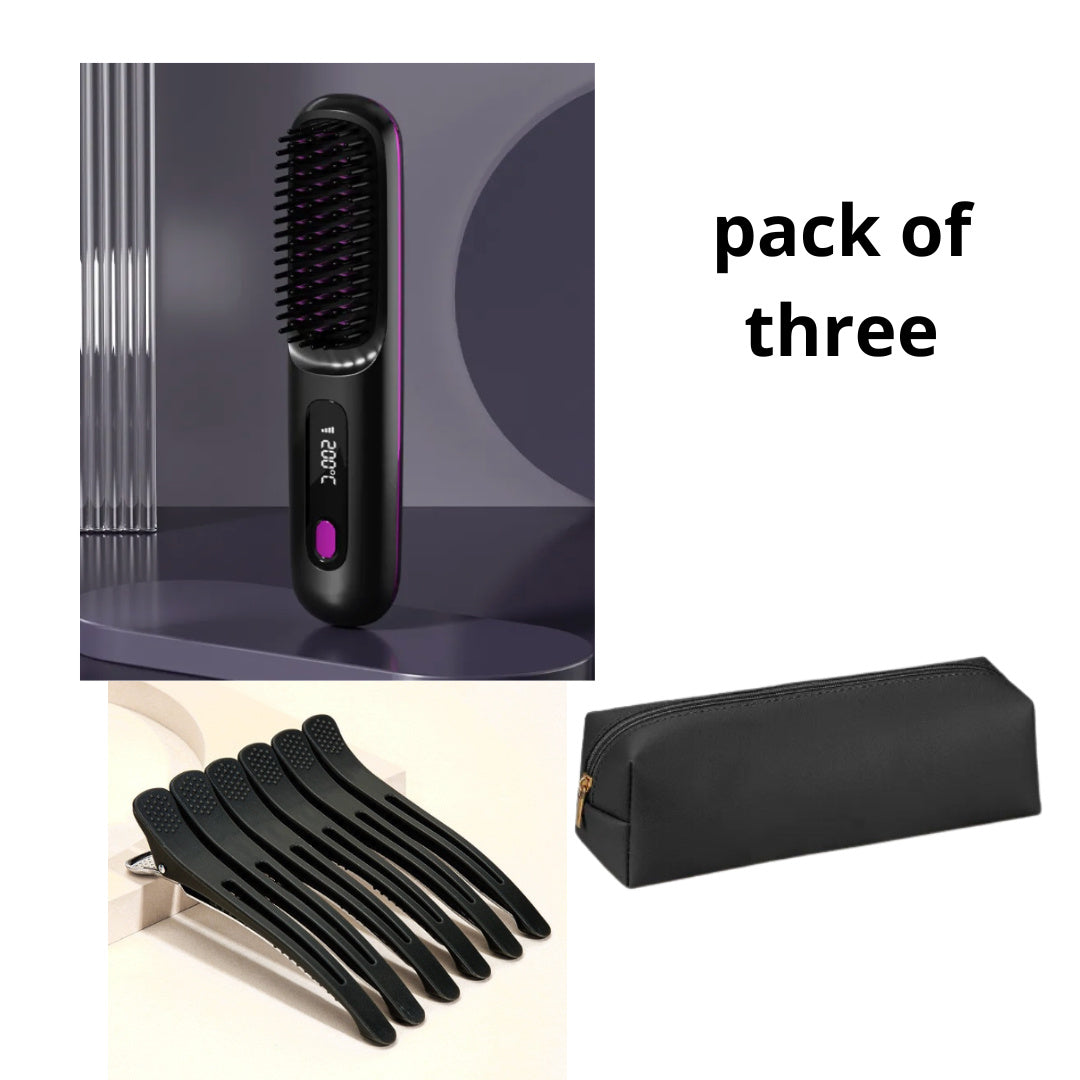 Cepillo alisador de pelo inalámbrico 2 en 1 LuxuryGlow: peine portátil con calefacción USB