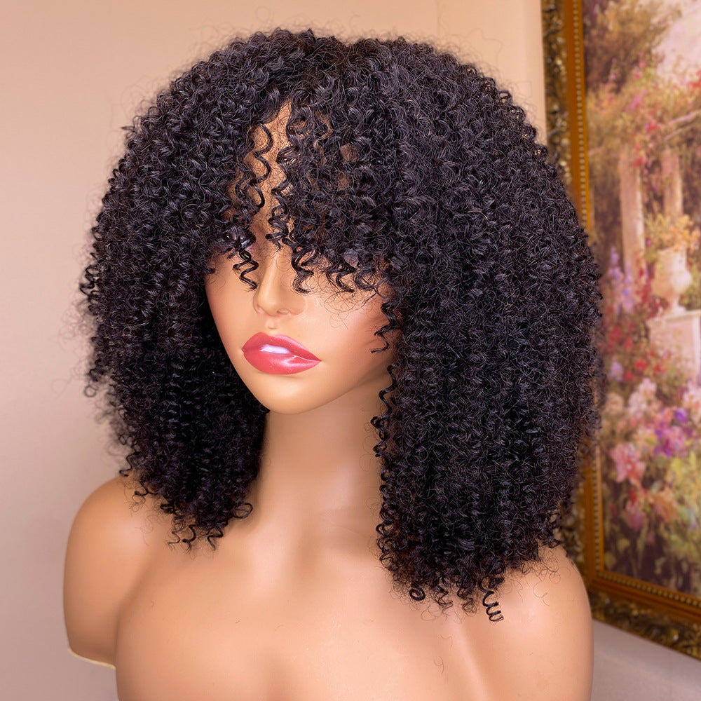 LuxuryGlow Kinky Curly Human Hair Wig with Bangs – Glueless, Natural Look for Women