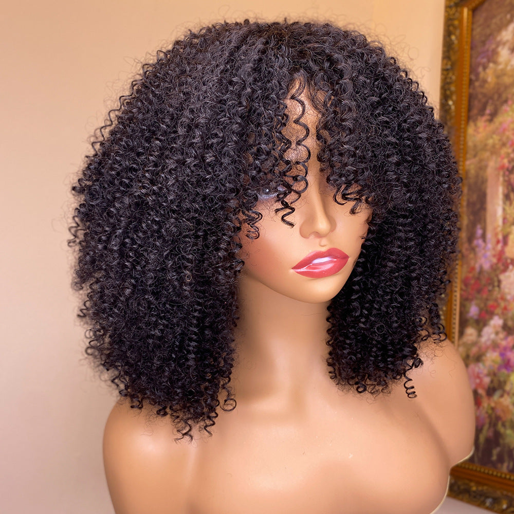LuxuryGlow Kinky Curly Human Hair Wig with Bangs – Glueless, Natural Look for Women