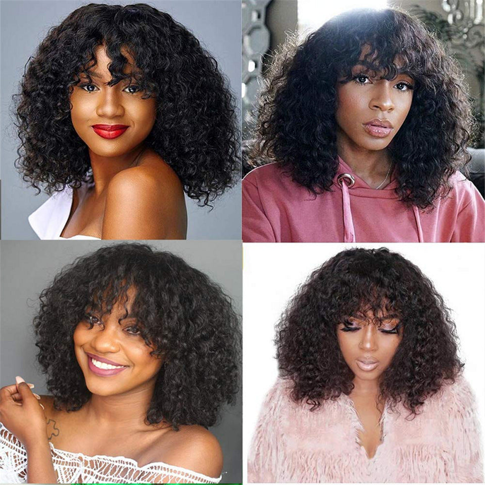 LuxuryGlow Kinky Curly Human Hair Wig with Bangs – Glueless, Natural Look for Women