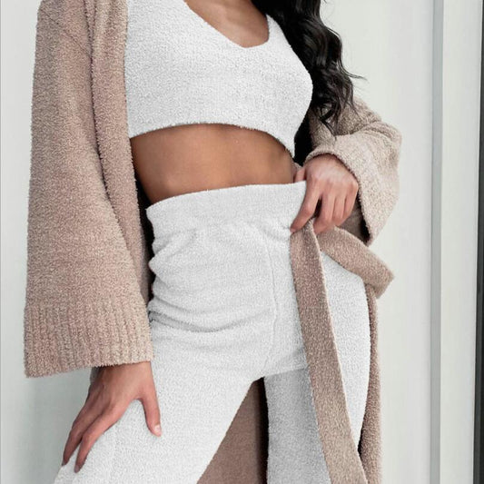 3pcs Womens Clothing Long Sleeve Crop Tank Top And Drawstring Shorts Pajama Set - LUXURY GLOW