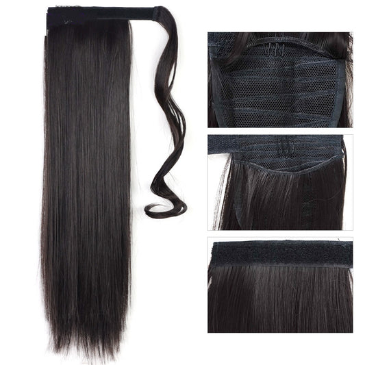 Extensión de cabello con cola de caballo recta envolvente LuxuryGlow de 24 pulgadas – Sintética resistente al calor