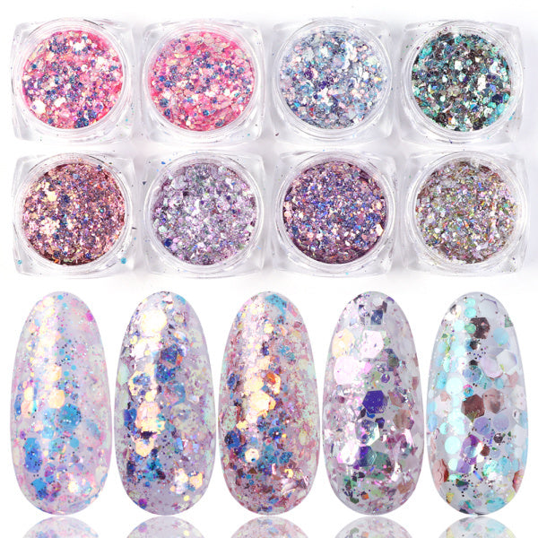 Set de 8 cajas de purpurina holográfica para uñas LuxuryGlow: copos de polvo iridiscentes